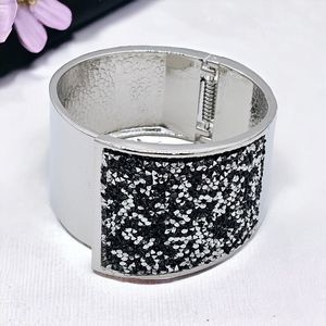 INC Cuff Bracelet Clamper Faux Druzy Rhinestone Wide Black Silver Tone Statement
